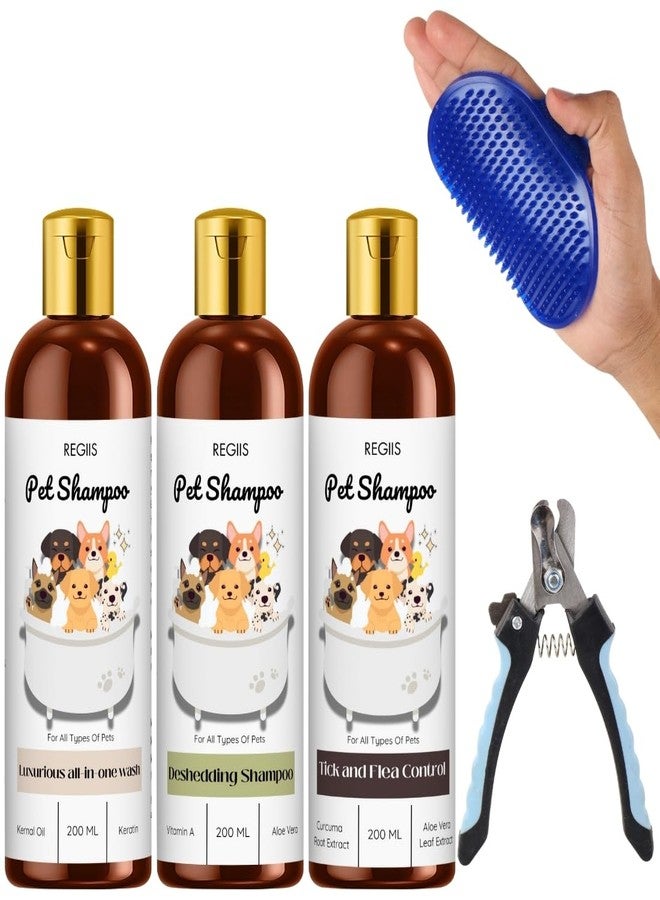 مجموعة شامبو ريجيس للحيوانات الأليفة، 3 زجاجات سعة 200 مل لكل منها، طقم عناية بالكلاب مع فرشاة ومقص أظافر، غسول شامل، لإزالة الشعر الزائد، ومكافحة القراد والبراغيث - Image 1